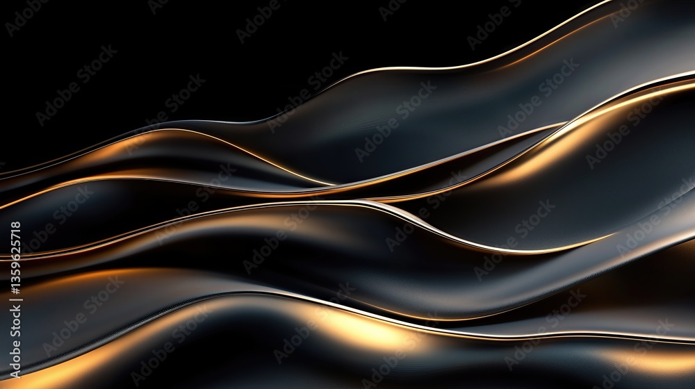 Elegant Waves: A luxurious, abstract composition featuring undulating waves of a dark, metallic material, gracefully illuminated with warm, golden highlights. Elegant Waves: A luxurious, abstract composition featuring undulating waves of a dark, metallic material, gracefully illuminated with warm, golden highlights.