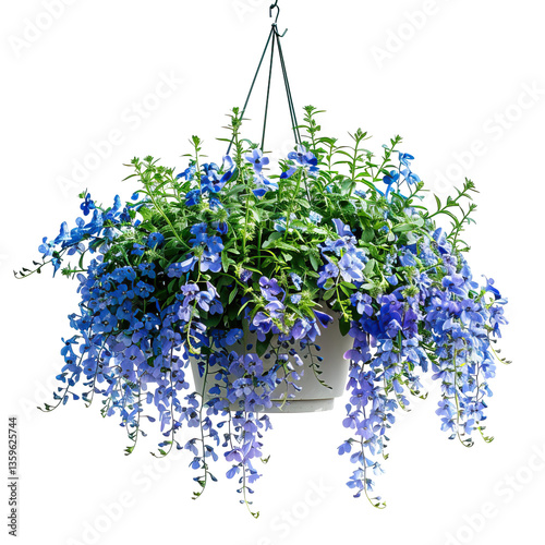 Hanging Basket With Lobelia Flowers. Spring Bloom. Isolated On Transparent or white