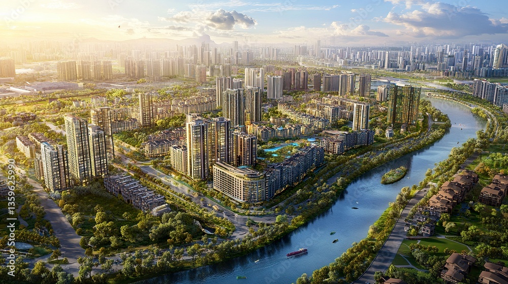 Fototapeta premium A sweeping aerial view of the city, with dynamic architecture ranging from towering skyscrapers to sprawling low-rise districts, a vibrant balance of urban life and natural features 