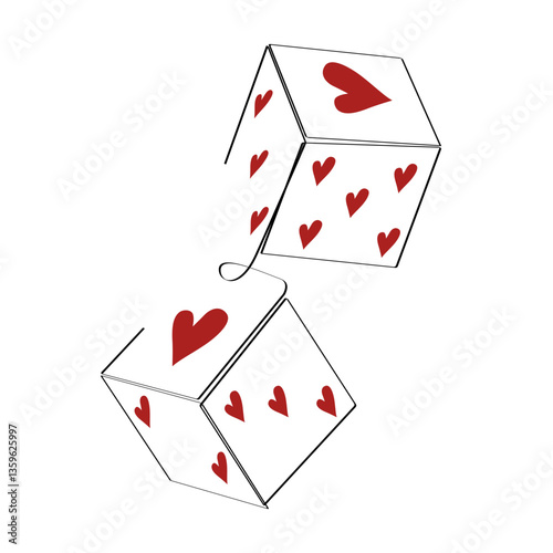 Two dices one line vector illustration. Continuous contour drawing of game dice with red hearts on white background