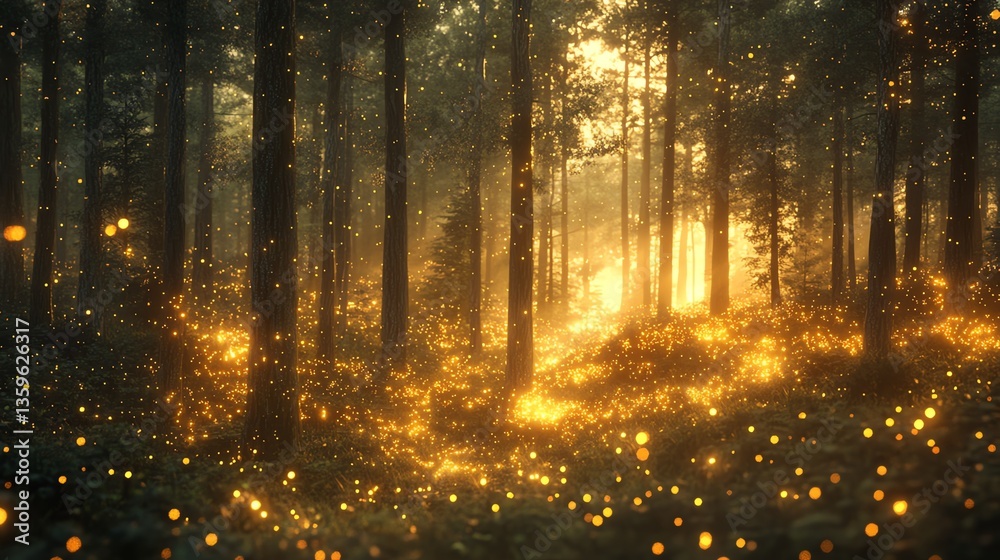 A fireflylit forest at dusk, glowing with tiny golden lights A fireflylit forest at dusk, glowing with tiny golden lights