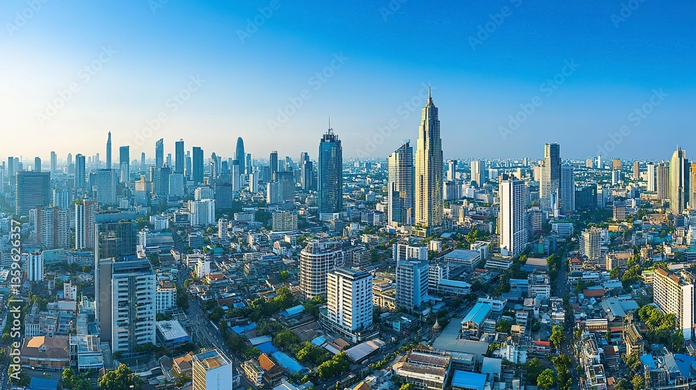 Fototapeta premium A sweeping panorama of a bustling capital city, showcasing its towering skyscrapers and modern business district, vibrant streets filled with activity, and a backdrop of a clear blue sky
