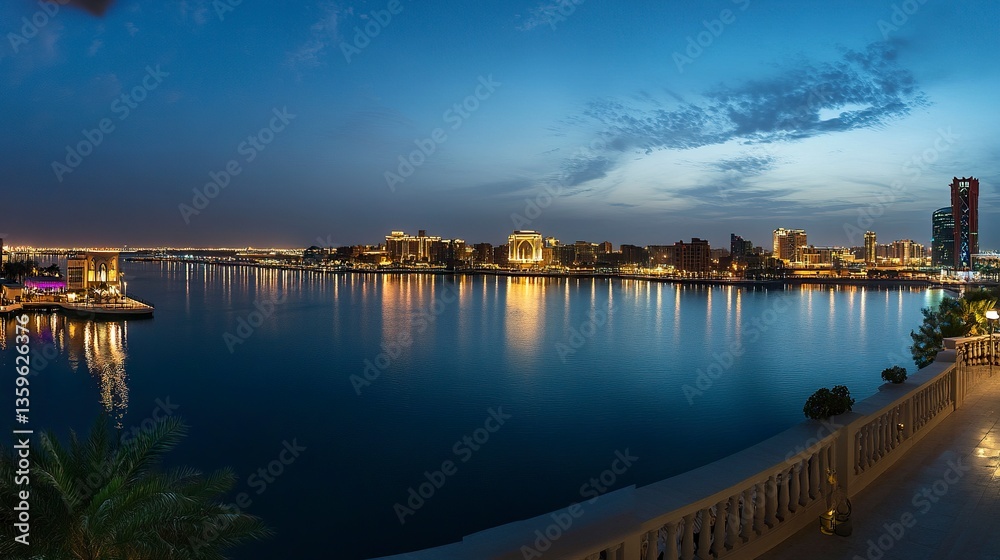 Obraz premium A sweeping panorama of Doha at night, the skyline mix of modern towers and traditional architecture glowing brightly, the Gulf waters stretching calmly in the foreground 