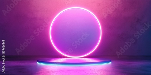 Glowing Neon Pink Circle and Blue Platform on Textured Purple Wall