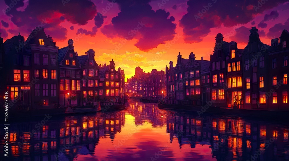 Obraz premium A vibrant stylized scene of Amsterdam at sunset, the canal houses glowing softly as the vivid sky transitions from orange to purple, their reflections creating a mirror-like effect on the water 