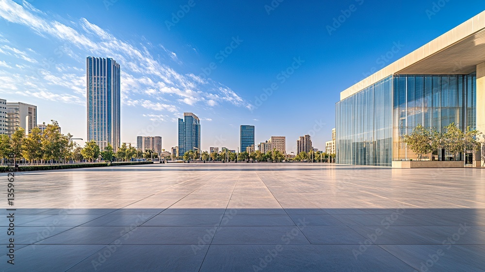 Fototapeta premium A vibrant view of Riyadh, Saudi Arabia, showcasing sleek high-rise buildings under a cloudless blue sky, the city modern skyline blending seamlessly with traditional architectural touches 
