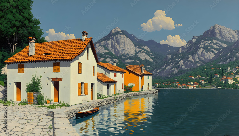 Naklejka premium Pixelated Lakeside Village Houses In Mountains
