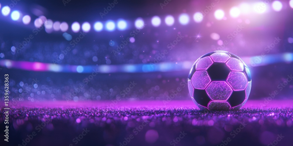 Fototapeta premium Glowing Purple Soccer Ball on Glittering Field at Night