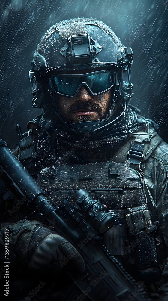 Fototapeta premium A skilled and determined soldier braving the harsh elements prepared to confront any challenge with unwavering bravery and tactical precision