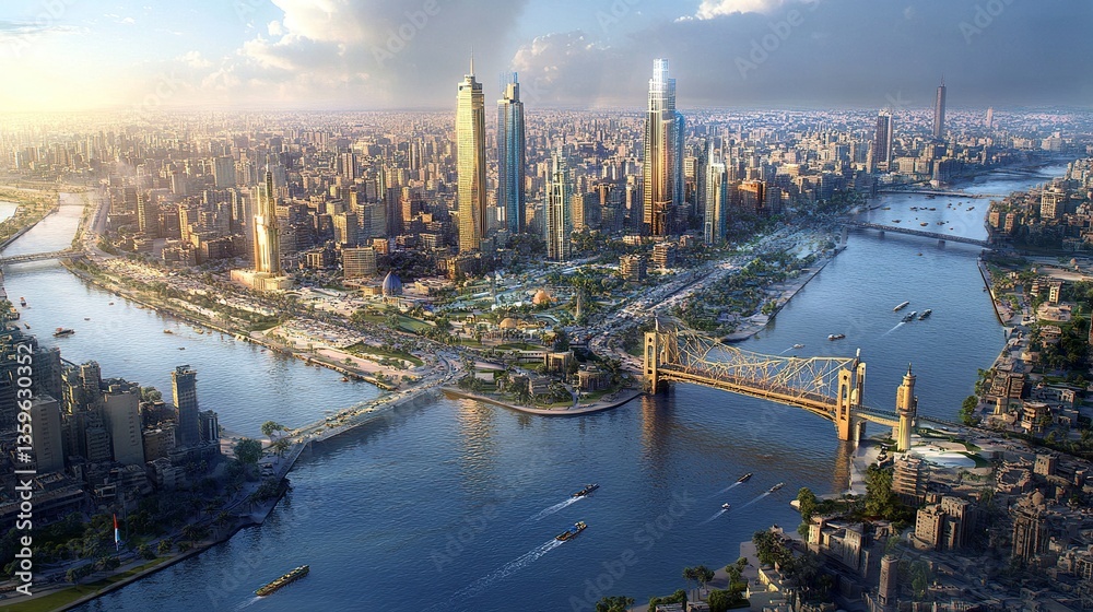 Naklejka premium Aerial view of modern Cairo downtown, showcasing sleek skyscrapers and bustling streets alongside the Nile River, with bridges spanning the water and vibrant city life unfolding
