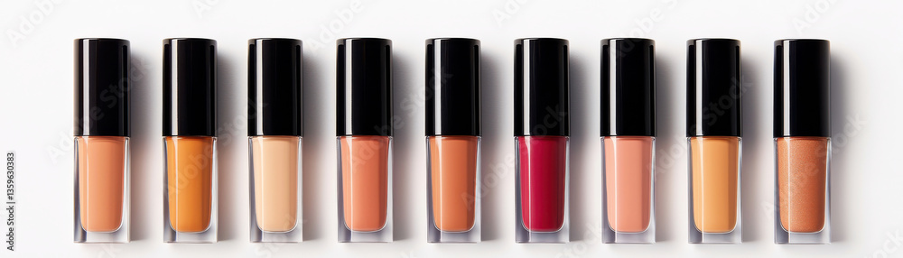 A vibrant display of various lip gloss containers arranged neatly in a row. A vibrant display of various lip gloss containers arranged neatly in a row.