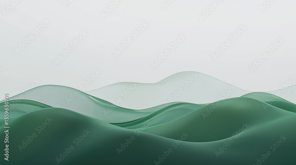 Obraz premium Abstract green waves with futuristic smooth movement, blending seamlessly into a white background.