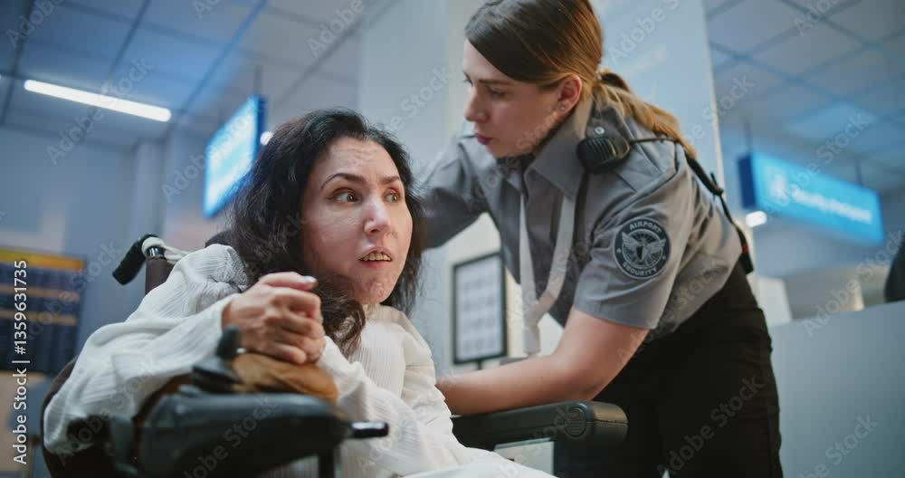 Security Checkpoint: TSA Officer Checking Female Passenger with Physical Disability in Airport Terminal. Screening Procedures for Boarding Plane Flight. Woman in Wheelchair Going on Trip. Medium Shot. Security Checkpoint: TSA Officer Checking Female Passenger with Physical Disability in Airport Terminal. Screening Procedures for Boarding Plane Flight. Woman in Wheelchair Going on Trip. Medium Shot.