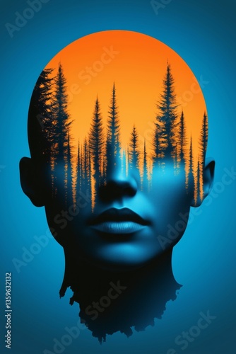 Minimalist double exposure photography of a woman's head with forest trees inside against a blue gradient background.