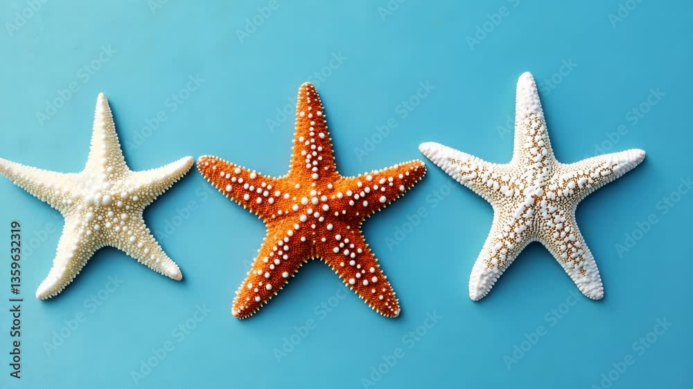 Colorful starfish arranged on a blue background at a coastal exhibit showcasing marine life