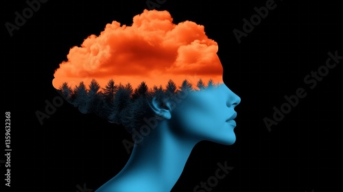 3D render of a side view of a woman's head with cloud-shaped hair and a forest inside it, set against a black background with an orange and blue color scheme.