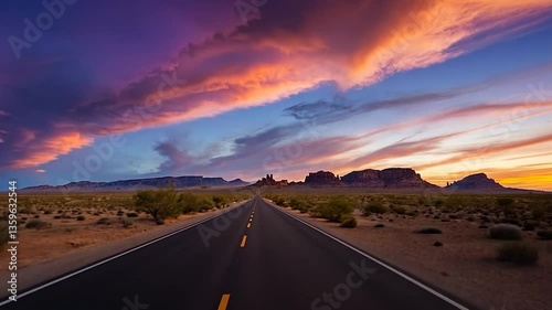 Scenic desert road leading to majestic mountains under vibrant sunset skies