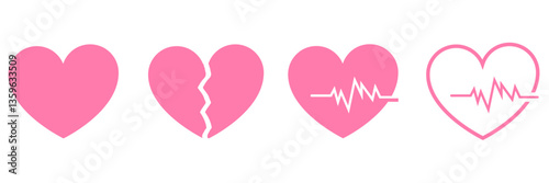 set of heart, heartbeat and broken heart. set of hearts in black, red, pink and stoke with white with white background. heart icons set. broken, break, heartbeat, vector.