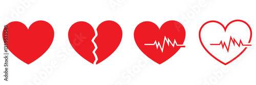 set of heart, heartbeat and broken heart. set of hearts in black, red, pink and stoke with white with white background. heart icons set. broken, break, heartbeat, vector.
