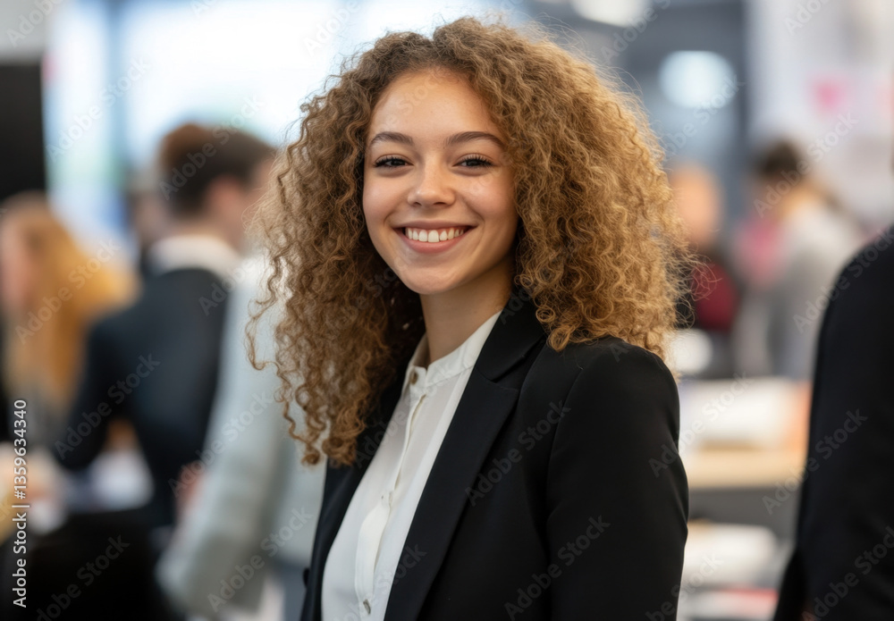 Fototapeta premium A young businesswoman with curly hair smiles confidently while networking at a bustling business event. Her attire reflects professionalism and ambition amid a vibrant atmosphere