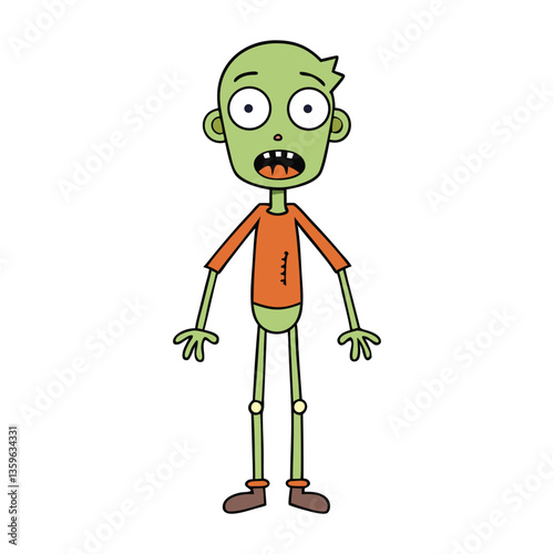 A spooky yet fun stick-figure zombie cartoon with ragged limbs, hollow eyes, and a lurching stance, bringing a playful undead vibe to any design or illustration.