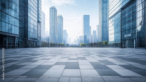Wallpaper Mural An empty plaza in Chongqing, framed by towering modern buildings with glass facades, the skyline stretching into the distance, and clean, geometric patterns decorating the square  Torontodigital.ca
