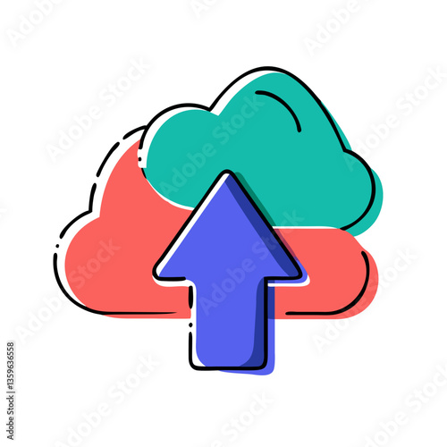 Cloud upload icon with colorful clouds and arrow design  