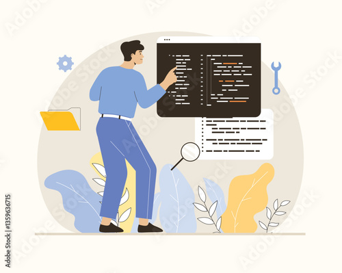 Backend development coding and programming. Man writes code, creates and optimizes pages and programs. Flat vector illustration.