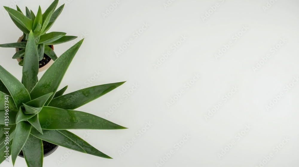 Fototapeta premium Succulent Plants Aloe Vera Minimalist Green Potted Plants White Background Top View