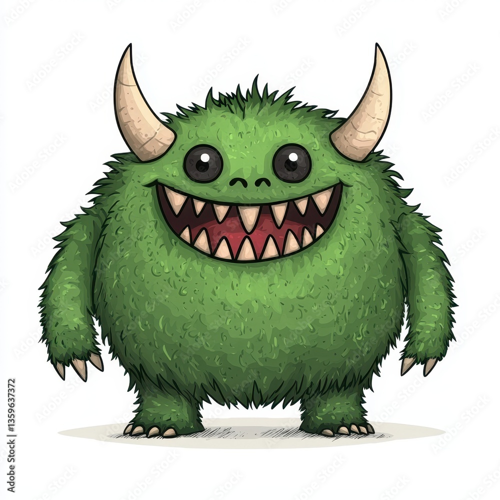 Fototapeta premium Happy Green Furry Monster Cartoon Character Illustration Cute and Friendly Design