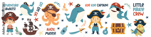 A set of flat vector illustrations in a simple children's style. Cute animals and kids in pirate hats, whale shark octopus devoka boy and ship. Pirate-themed elements, inscription . Vector