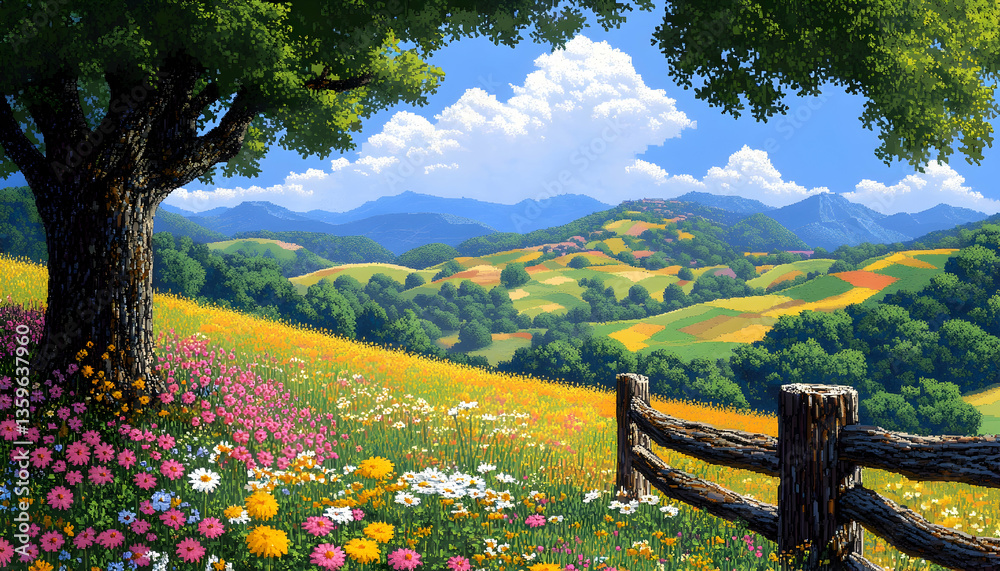 Fototapeta premium Pixelated Rural Meadow Landscape With Colorful Flowers And Trees