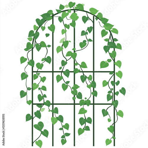 Vector illustration of a metal garden trellis with green climbing vines and leaves, representing garden decoration and plant support.