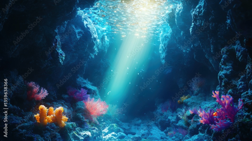 Fototapeta premium Underwater Scene with Vibrant Coral and Sunlight Rays in Ocean Depths