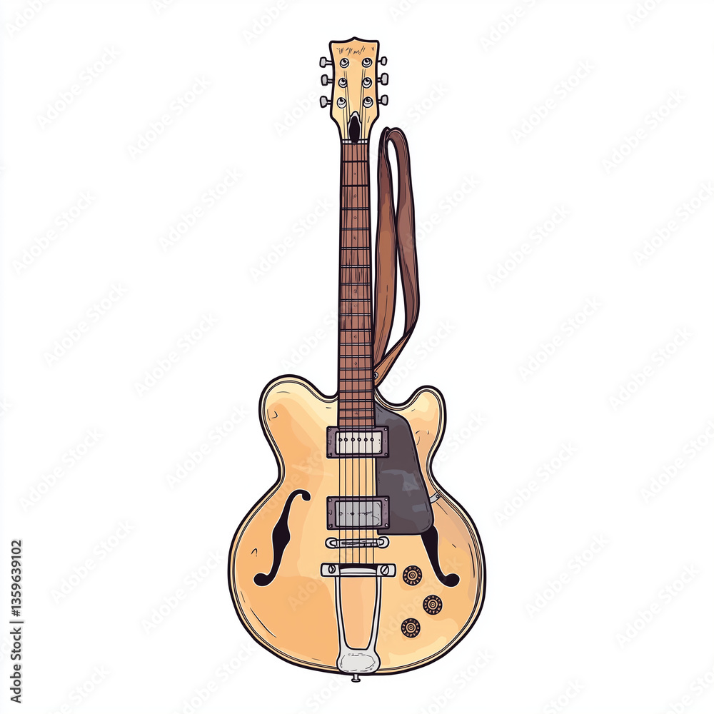 Obraz premium Detailed illustration of a brown electric guitar with strings, knobs, and strap, perfect for music, concerts, rock bands, or musical instrument themes.
