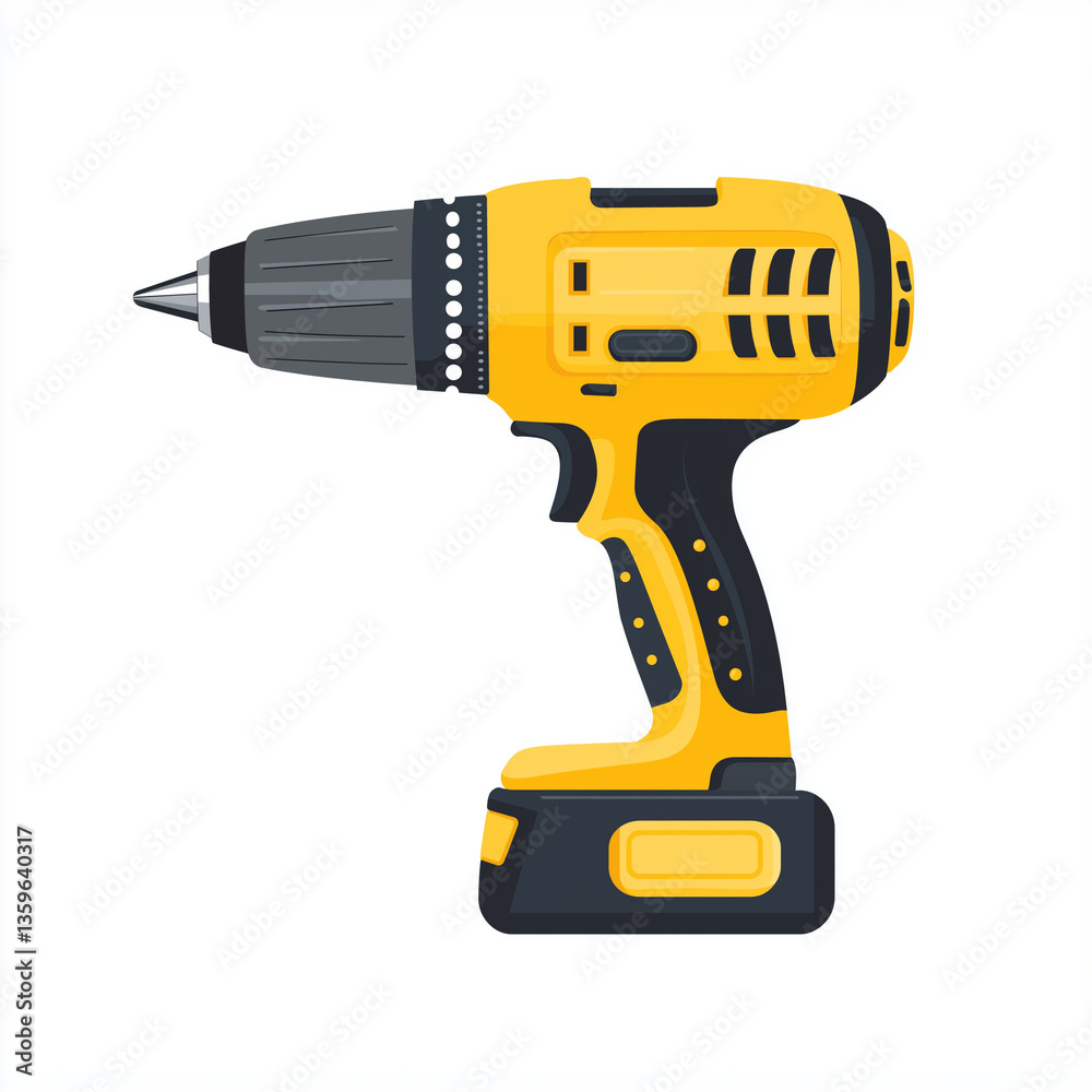 Yellow cordless power drill with black grip, perfect for construction, woodworking, home improvement, and repair projects. Yellow cordless power drill with black grip, perfect for construction, woodworking, home improvement, and repair projects.