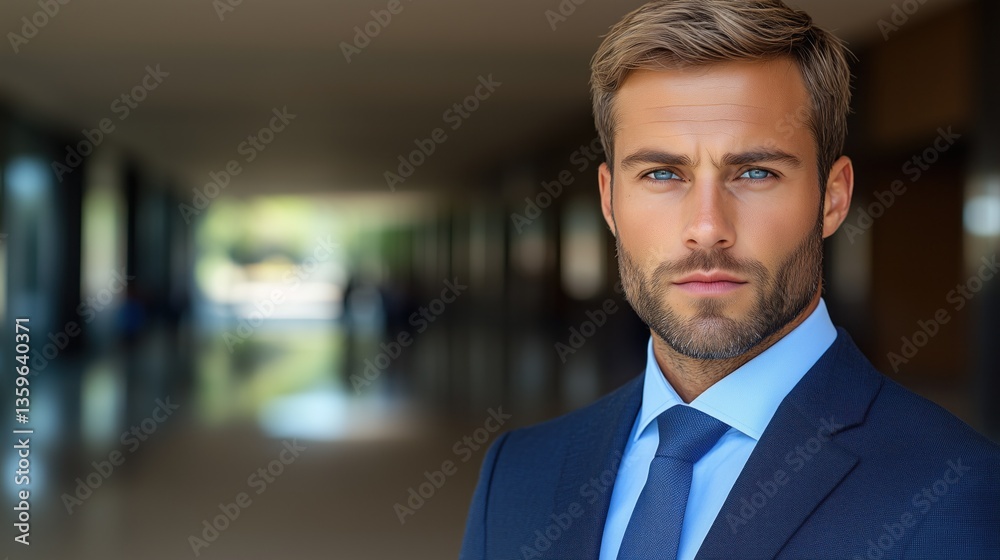 Naklejka premium A well-groomed man with striking blue eyes and light brown hair stands confidently in a formal suit and tie. Sunlight filters through the modern architecture, enhancing the elegant environment