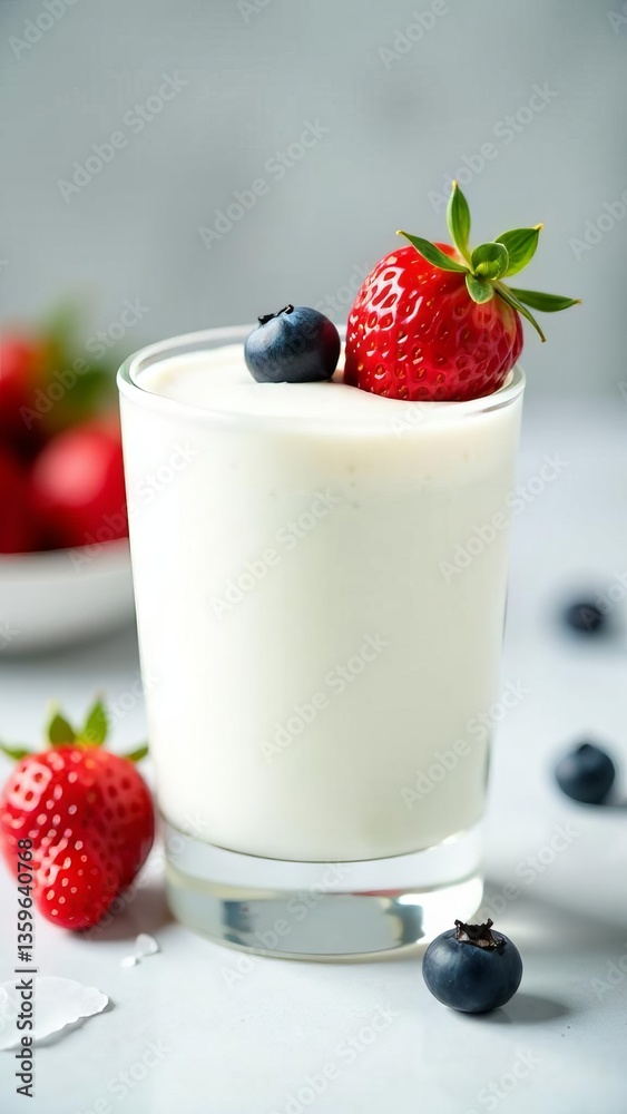 Yogurt with strawberries in glass on light background, space for text Yogurt with strawberries in glass on light background, space for text