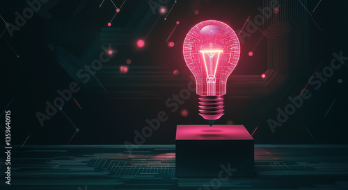 Uma lâmpada rosa brilhante fica no topo de um pedestal geométrico, cercada por um design de circuito digital, simbolizando inovação e tecnologia.