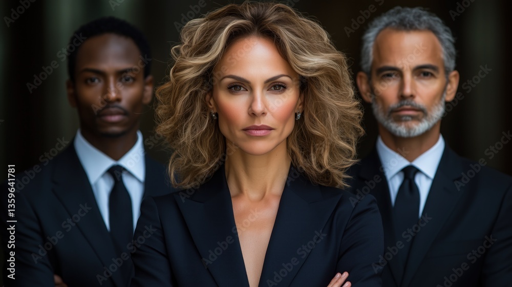 Three professionals stand in front of a contemporary structure, exuding confidence Three professionals stand in front of a contemporary structure, exuding confidence
