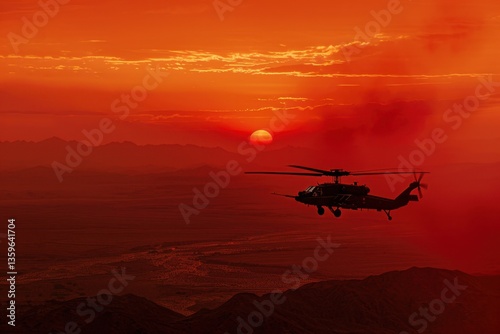 Low-flying ah apache helicopter over desert landscape at sunset aerial photography vast environment