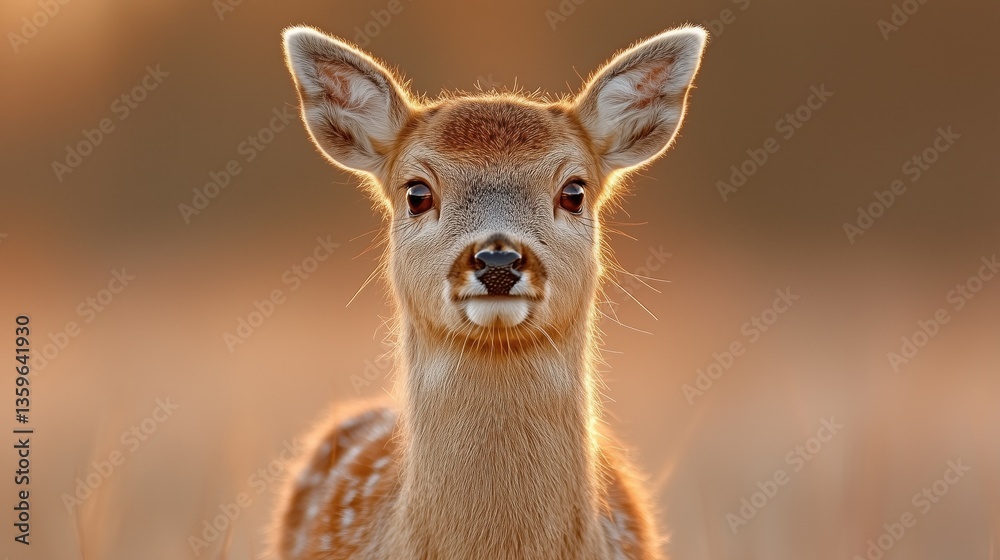 Fototapeta premium young deer stands in a tranquil meadow, illuminated by the warm morning light. calm atmosphere reflects the beauty of nature in a peaceful outdoor habitat