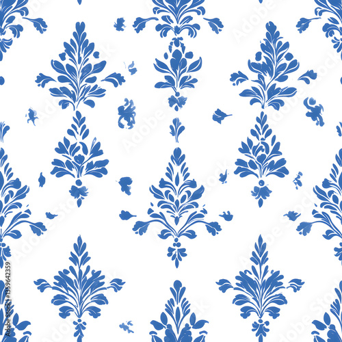 Blue and white french floral seamless pattern on a white background