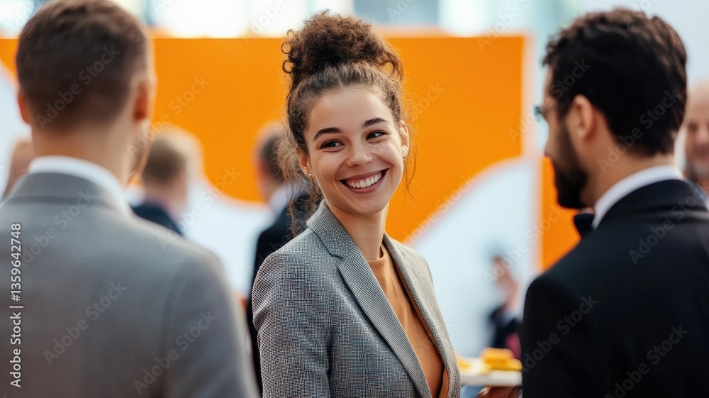 Fototapeta premium Business professionals connect at a conference, sharing ideas and discussing future strategies in digital technology, finance, and innovation, promoting teamwork and growth.