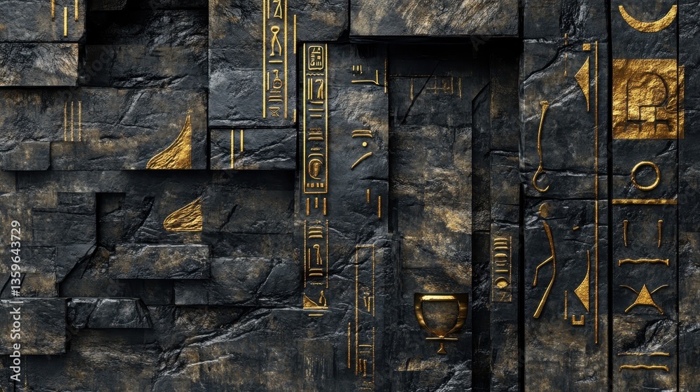 Ancient Inscription: A close-up shot reveals an ancient stone wall, etched with intricate hieroglyphs and golden accents, exuding an aura of mystery and historical significance.