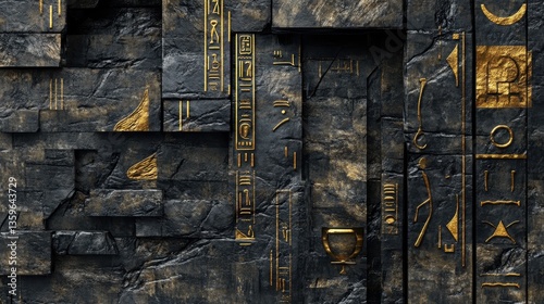 Obraz na płótnie Ancient Inscription: A close-up shot reveals an ancient stone wall, etched with intricate hieroglyphs and golden accents, exuding an aura of mystery and historical significance. w salonie