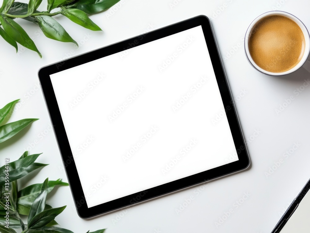 Creative workspace with tablet computer coffee cup and green plants on desk modern minimalist setting Creative workspace with tablet computer coffee cup and green plants on desk modern minimalist setting