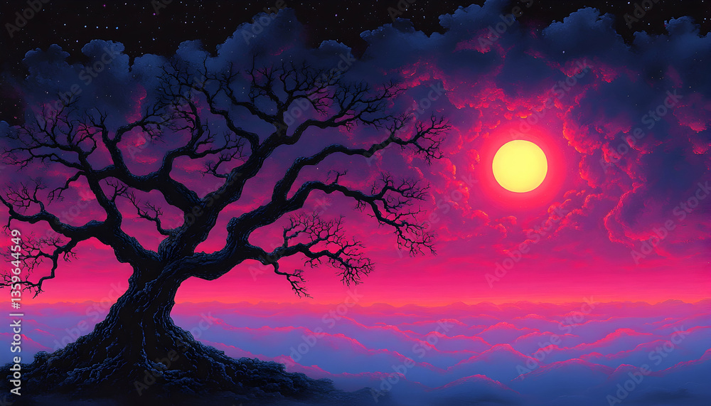 Obraz premium Pixelated Tree Silhouette At Vibrant Sunset