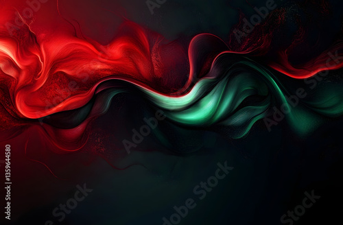Intricate dark fluid art featuring red, green details. Mysterious wallpaper, abstract background concept. Moody composition with swirls, dark veins, elegant fantasy expression, aethereal liquid flow