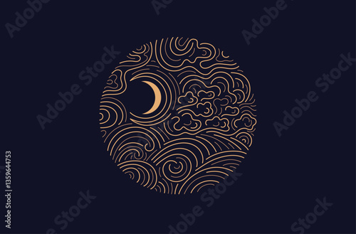 Moon, cloud line round sign. Abstract wave, wind
